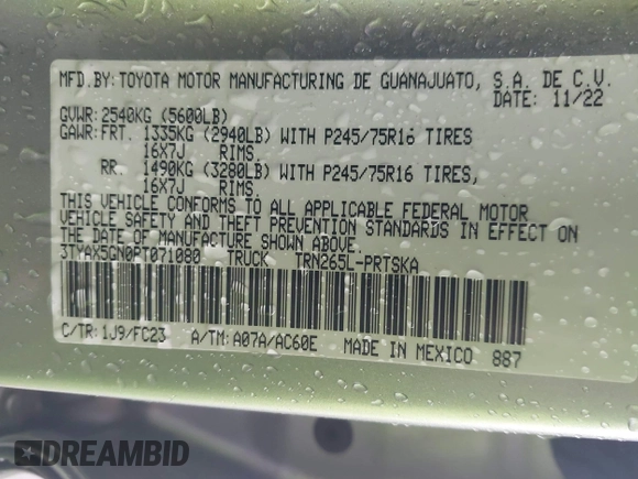 2023 Toyota Tacoma SR with VIN 3TYAX5GN0PT071080, listed as a IAAI auction lot 42426897 with 58,017 mi miles and . Bid and sale history available at DreamBid. Image 9.