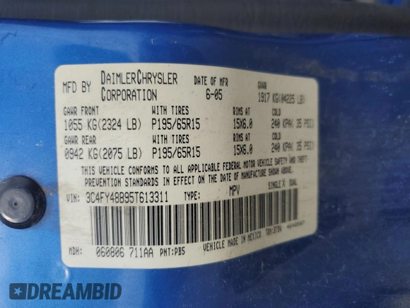 2005 Chrysler PT Cruiser with VIN 3C4FY48B95T613311, listed as a Copart auction lot 55819445 with 93,666 mi miles and Salvage title. Bid and sale history available at DreamBid. Image 12.