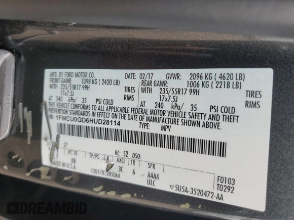 2017 Ford Escape SE with VIN 1FMCU0GD6HUD28114, listed as a Copart auction lot 51626095 with 98,701 mi miles and Clean Title. Bid and sale history available at carsss.com. Image 13.