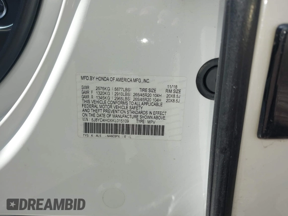 2019 Acura MDX Technology with VIN 5J8YD4H0XKL015109, listed as a IAAI auction lot 42093746 with Not provided miles and . Bid and sale history available at DreamBid. Image 9.