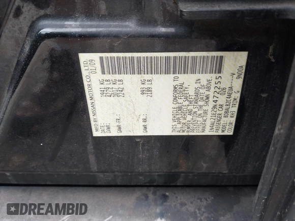 2009 Nissan Altima SL with VIN 1N4AL21E29N472255, listed as a IAAI auction lot 42054436 with 290,540 mi miles and . Bid and sale history available at DreamBid. Image 9.