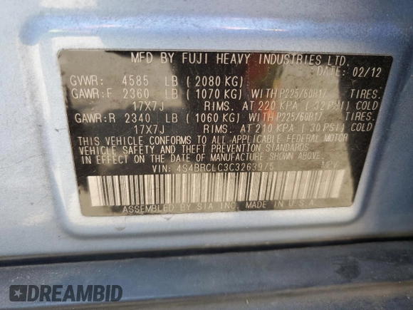 2012 Subaru Outback Limited z VIN 4S4BRCLC3C3263975, wystawiony jako Copart lot #57959565 z przebiegiem 123 975 mil mil oraz Szkoda całkowita • Salvage title. Historia ofert i sprzedaży dostępna na DreamBid. Obrazek 13.