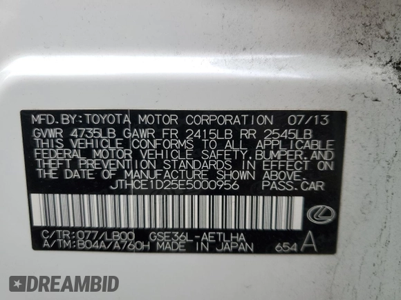 2014 Lexus IS 350 с VIN JTHCE1D25E5000956, выставлен на аукционе Copart как лот 87541625 с пробегом 87 498 миль миль и Списание • Salvage title. История ставок и продаж доступна на DreamBid. Изображение 13.