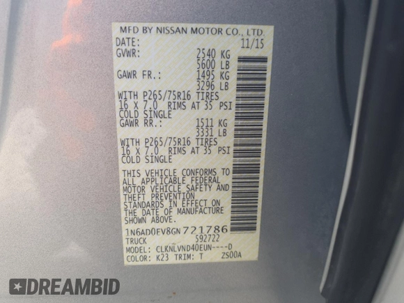 2016 Nissan Frontier S with VIN 1N6AD0EV8GN721786, listed as a Copart auction lot 54417415 with 100,672 mi miles and Salvage title. Bid and sale history available at DreamBid. Image 12.