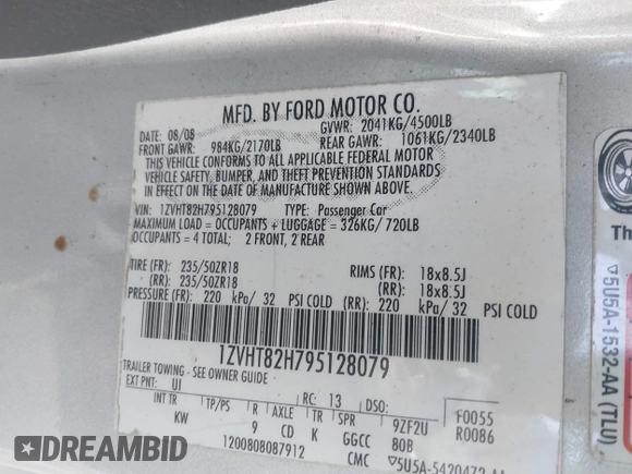 2009 Ford Mustang GT with VIN 1ZVHT82H795128079, listed as a IAAI auction lot 41727791 with 131,495 mi miles and . Bid and sale history available at DreamBid. Image 9.