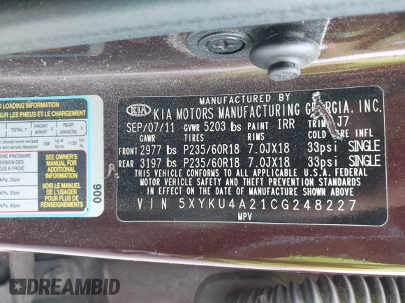 2012 Kia Sorento EX with VIN 5XYKU4A21CG248227, listed as a IAAI auction lot 42036333 with 1 mi miles. Bid and sale history available at carsss.com. Image 9.