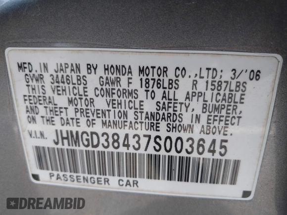2007 Honda Fit with VIN JHMGD38437S003645, listed as a IAAI auction lot 42409925 with 166,481 mi miles and . Bid and sale history available at DreamBid. Image 9.
