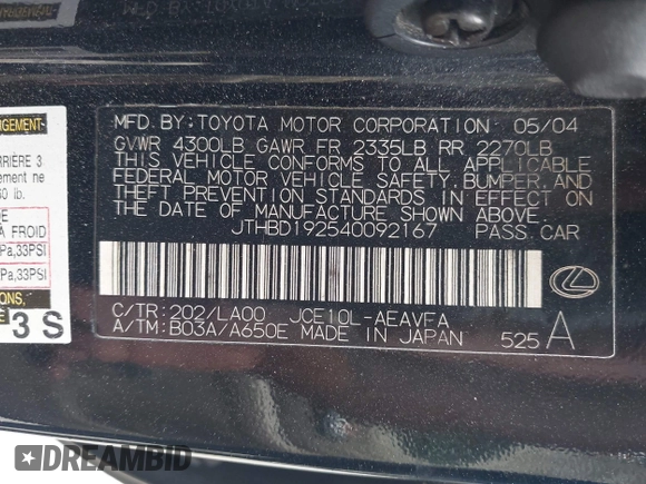 2004 Lexus IS 300/350 z VIN JTHBD192540092167, wystawiony jako IAAI lot #41917995 z przebiegiem 177 031 mil mil oraz . Historia ofert i sprzedaży dostępna na DreamBid. Obrazek 9.