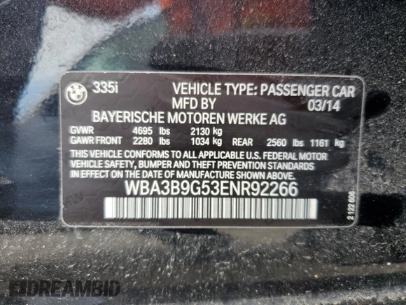 2014 BMW 3 Series 335i xDrive with VIN WBA3B9G53ENR92266, listed as a Copart auction lot 58800785 with 148,565 mi miles and Clean title. Bid and sale history available at DreamBid. Image 12.