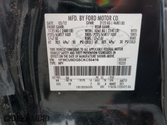 2012 Ford Escape XLT с VIN 1FMCU9DG5CKC50416, выставлен на аукционе Copart как лот 57292905 с пробегом 178 419 миль миль и Чистый • Clean title. История ставок и продаж доступна на DreamBid. Изображение 13.