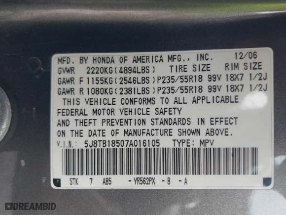 2007 Acura RDX Tech Pkg with VIN 5J8TB18507A016105, listed as a IAAI auction lot 41829068 with 1,967,600 mi miles. Bid and sale history available at carsss.com. Image 9.