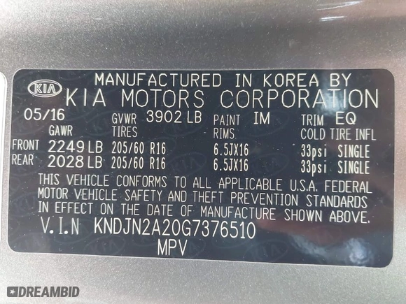 2016 Kia Soul with VIN KNDJN2A20G7376510, listed as a IAAI auction lot 41519530 with NaN miles. Bid and sale history available at carsss.com. Image 9.