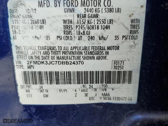 2013 Ford Edge SEL with VIN 2FMDK3JC7DBB24370, listed as a Copart auction lot 51999485 with 158,220 mi miles and Clean Title. Bid and sale history available at carsss.com. Image 13.