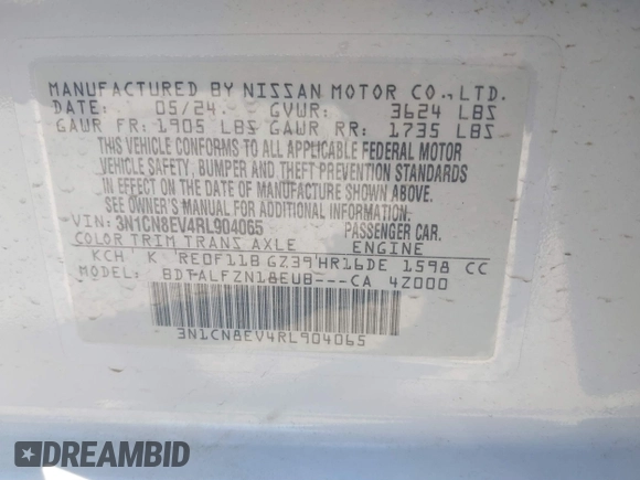 2024 Nissan Versa SV z VIN 3N1CN8EV4RL904065, wystawiony jako IAAI lot #41793991 z przebiegiem 2 742 mil mil oraz . Historia ofert i sprzedaży dostępna na DreamBid. Obrazek 9.