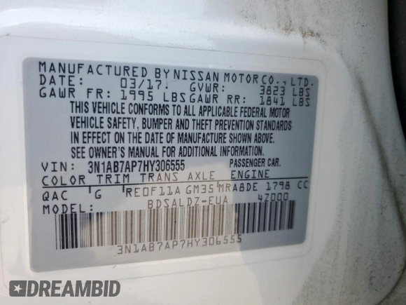 2017 Nissan Sentra SV with VIN 3N1AB7AP7HY306555, listed as a Copart auction lot 53614815 with 143,785 mi miles and Salvage Title. Bid and sale history available at DreamBid. Image 12.