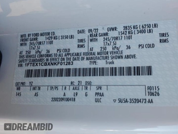 2022 Ford F-150 XL with VIN 1FTEX1CBXNKF01283, listed as a Copart auction lot 47600675 with 53,189 mi miles and Salvage title. Bid and sale history available at DreamBid. Image 12.