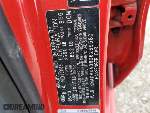 2013 Kia Rio LX with VIN KNADM4A38D6269580, listed as a Copart auction lot 71320864 with Not Provided miles and Non Repairable. Bid and sale history available at DreamBid. Image 12.