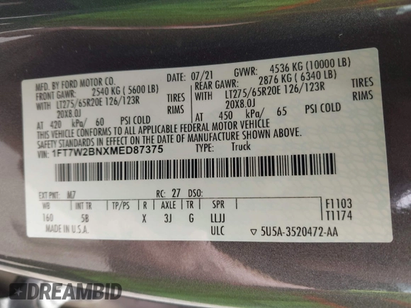 2021 Ford F-250 XL с VIN 1FT7W2BNXMED87375, выставлен на аукционе IAAI как лот 42015832 с пробегом 22 813 миль миль и . История ставок и продаж доступна на DreamBid. Изображение 9.