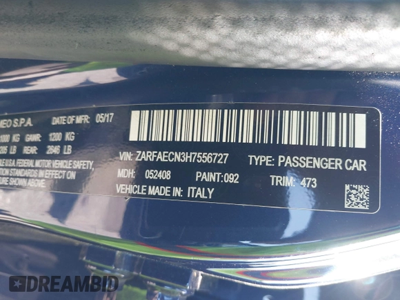 2017 Alfa Romeo Giulia Ti z VIN ZARFAECN3H7556727, wystawiony jako IAAI lot #41901444 z przebiegiem 96 678 mil mil oraz . Historia ofert i sprzedaży dostępna na DreamBid. Obrazek 9.