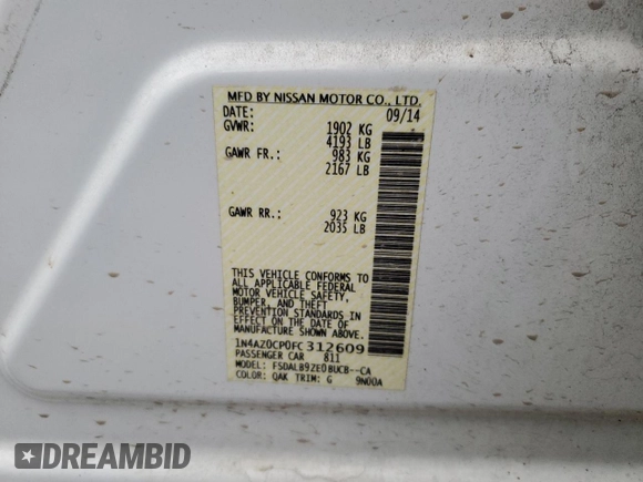 2015 Nissan LEAF SV with VIN 1N4AZ0CP0FC312609, listed as a Copart auction lot 70430622 with 55,198 mi miles. Bid and sale history available at carsss.com. Image 13.