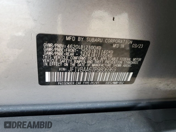 2023 Subaru WRX с VIN JF1VBAA67P9806969, выставлен на аукционе Copart как лот 53870775 с пробегом 23 771 миль миль и Списание • Salvage title. История ставок и продаж доступна на DreamBid. Изображение 12.