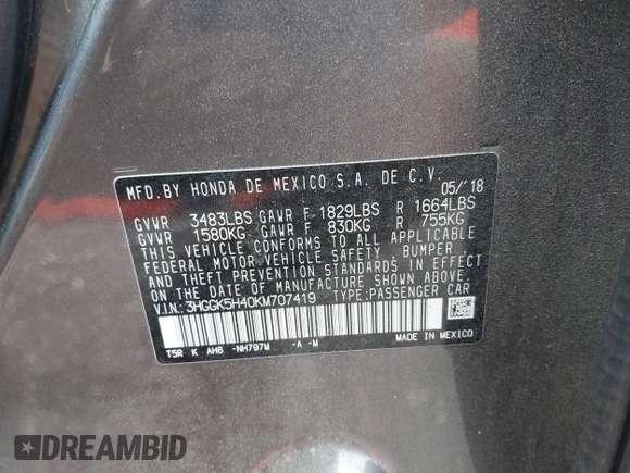 2019 Honda Fit LX z VIN 3HGGK5H40KM707419, wystawiony jako IAAI lot #42354063 z przebiegiem 48 197 mil mil oraz . Historia ofert i sprzedaży dostępna na DreamBid. Obrazek 9.