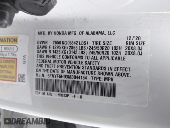 2021 Honda Pilot Elite with VIN 5FNYF6H03MB044154, listed as a IAAI auction lot 41050202 with 60,331 mi miles and . Bid and sale history available at DreamBid. Image 9.