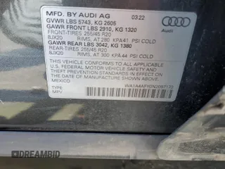 2022 Audi SQ5 Premium with VIN WA1A4AFY0N2087173, listed as a Copart auction lot 50318184 with 54,453 mi miles and . Bid and sale history available at DreamBid. Image 12.