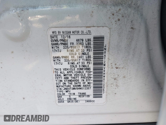 2017 Nissan Rogue SL with VIN JN8AT2MV8HW012357, listed as a IAAI auction lot 42175399 with 106,225 mi miles and . Bid and sale history available at DreamBid. Image 9.