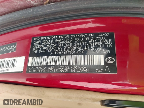 2007 Lexus SC 430 с VIN JTHFN45Y579014658, выставлен на аукционе IAAI как лот 42123530 с пробегом 149 415 миль миль и . История ставок и продаж доступна на DreamBid. Изображение 9.