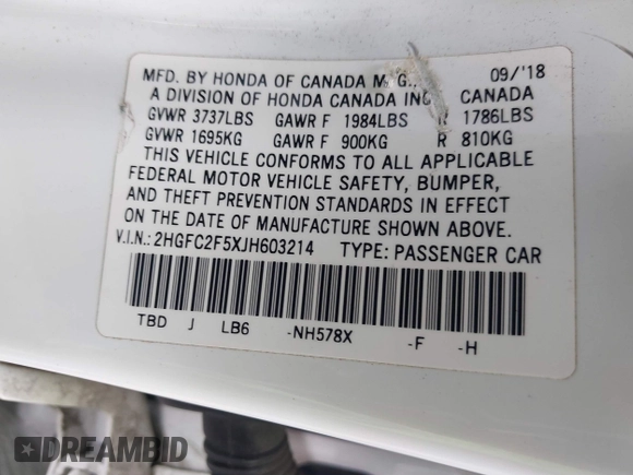 2018 Honda Civic LX with VIN 2HGFC2F5XJH603214, listed as a IAAI auction lot 41788384 with 114,876 mi miles and . Bid and sale history available at carsss.com. Image 9.