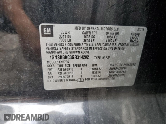 2016 Chevrolet Tahoe LT with VIN 1GNSKBKC3GR314292, listed as a Copart auction lot 65133545 with 70,771 mi miles and Clean title. Bid and sale history available at DreamBid. Image 13.