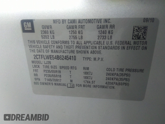 2011 GMC Terrain SLT-2 with VIN 2CTFLWE54B6245410, listed as a IAAI auction lot 36919978 with 52,992 mi miles and . Bid and sale history available at carsss.com. Image 9.