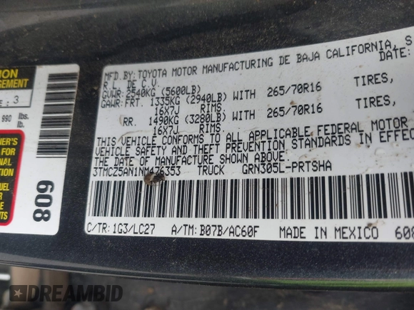 2022 Toyota Tacoma SR with VIN 3TMCZ5AN1NM476353, listed as a IAAI auction lot 41938107 with 51,782 mi miles and . Bid and sale history available at DreamBid. Image 9.