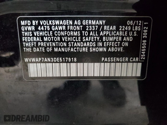 2013 Volkswagen CC Sport z VIN WVWAP7AN3DE517918, wystawiony jako Copart lot #55080285 z przebiegiem 56 408 mil mil oraz Szkody całkowita. Historia ofert i sprzedaży dostępna na DreamBid. Obrazek 12.