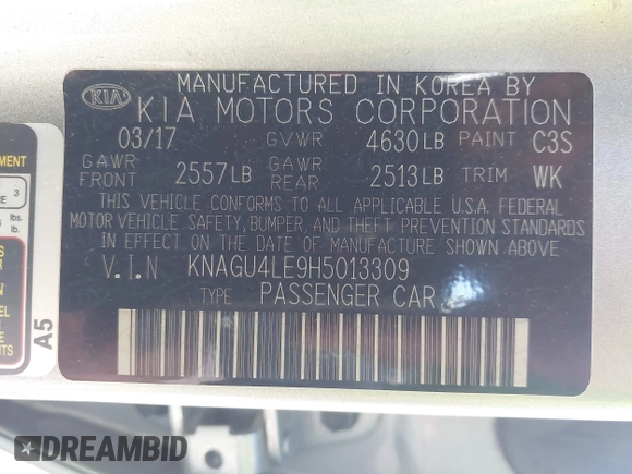 2017 Kia Optima EX with VIN KNAGU4LE9H5013309, listed as a IAAI auction lot 42739287 with 88,922 mi miles and . Bid and sale history available at DreamBid. Image 9.