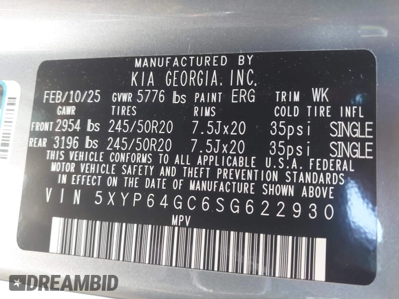 2025 Kia Telluride S with VIN 5XYP64GC6SG622930, listed as a IAAI auction lot 42643647 with 11,056 mi miles and . Bid and sale history available at DreamBid. Image 9.