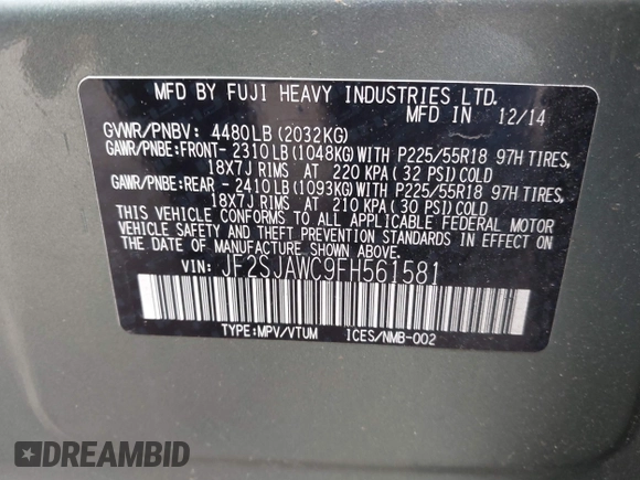 2015 Subaru Forester Touring with VIN JF2SJAWC9FH561581, listed as a IAAI auction lot 42237512 with 109,210 mi miles and . Bid and sale history available at DreamBid. Image 9.