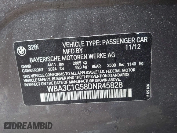 2013 BMW 3 Series 328i with VIN WBA3C1G58DNR45828, listed as a IAAI auction lot 41920757 with 122,947 mi miles. Bid and sale history available at carsss.com. Image 9.