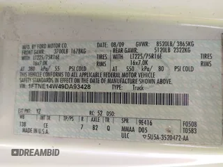 2009 Ford Econoline Cargo Commercial with VIN 1FTNE14W49DA93428, listed as a IAAI auction lot 41641859 with 220,630 mi miles and . Bid and sale history available at DreamBid. Image 9.