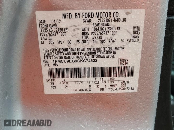 2012 Ford Escape Limited z VIN 1FMCU9EG9CKC74622, wystawiony jako Copart lot #57558245 z przebiegiem 155 323 mil mil oraz Czysty tytuł • Clean title. Historia ofert i sprzedaży dostępna na DreamBid. Obrazek 13.