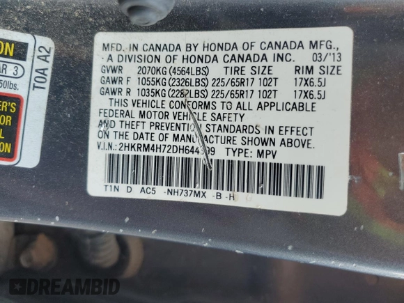2013 Honda CR-V EX-L z VIN 2HKRM4H72DH644399, wystawiony jako Copart lot #57023265 z przebiegiem 206 344 mil mil oraz Szkoda całkowita • Salvage title. Historia ofert i sprzedaży dostępna na DreamBid. Obrazek 13.