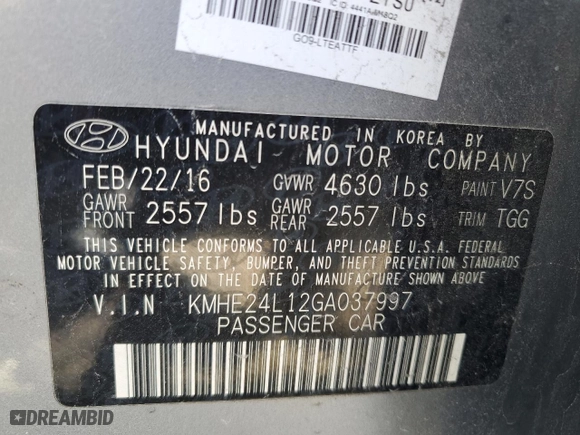 2016 Hyundai Sonata Hybrid SE with VIN KMHE24L12GA037997, listed as a Copart auction lot 48022445 with NaN miles and Clean Title. Bid and sale history available at carsss.com. Image 12.