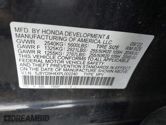 2023 Acura MDX w/Technology Package with VIN 5J8YD9H4XPL002240, listed as a IAAI auction lot 41754411 with 58,721 mi miles. Bid and sale history available at carsss.com. Image 9.