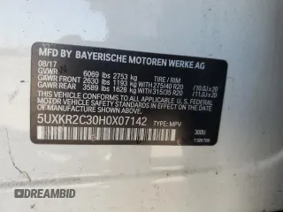 2017 BMW X5 sDrive35i with VIN 5UXKR2C30H0X07142, listed as a Copart auction lot 52051445 with 43,520 mi miles and Salvage Title. Bid and sale history available at carsss.com. Image 14.