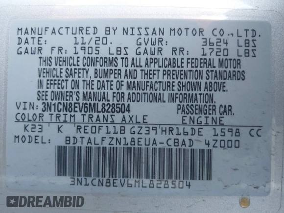 2021 Nissan Versa SV with VIN 3N1CN8EV6ML828504, listed as a IAAI auction lot 41375914 with 86,854 mi miles and . Bid and sale history available at DreamBid. Image 9.