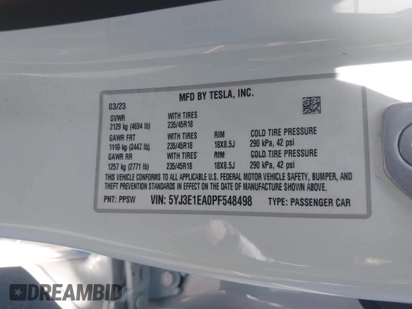 2023 Tesla Model 3 with VIN 5YJ3E1EA0PF548498, listed as a IAAI auction lot 42334326 with 17,674 mi miles and . Bid and sale history available at DreamBid. Image 9.