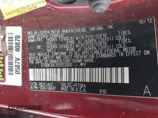 2013 Toyota Sienna XLE with VIN 5TDDK3DC1DS052600, listed as a IAAI auction lot 42055747 with 187,615 mi miles and . Bid and sale history available at DreamBid. Image 9.