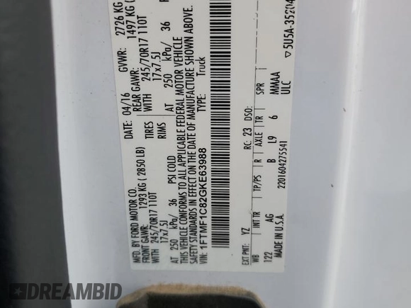 2016 Ford F-150 XL with VIN 1FTMF1C82GKE63988, listed as a Copart auction lot 51812445 with 143,797 mi miles and Salvage Title. Bid and sale history available at DreamBid. Image 12.