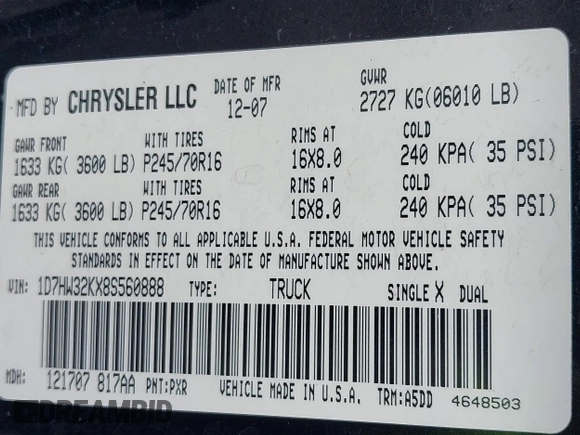 2008 Dodge Dakota с VIN 1D7HW32KX8S560888, выставлен на аукционе IAAI как лот 42025097 с пробегом 46 639 миль миль и . История ставок и продаж доступна на DreamBid. Изображение 9.
